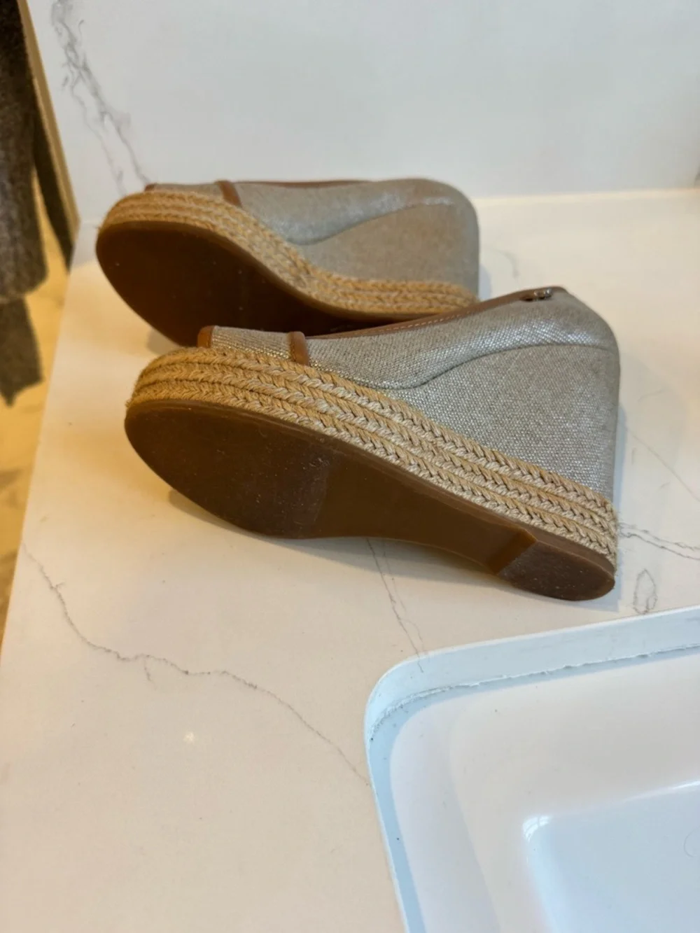 Tory Burch Natural Canvas Espadrille Wedge with Tan Trim- Size 6 - Picture 5 of 6